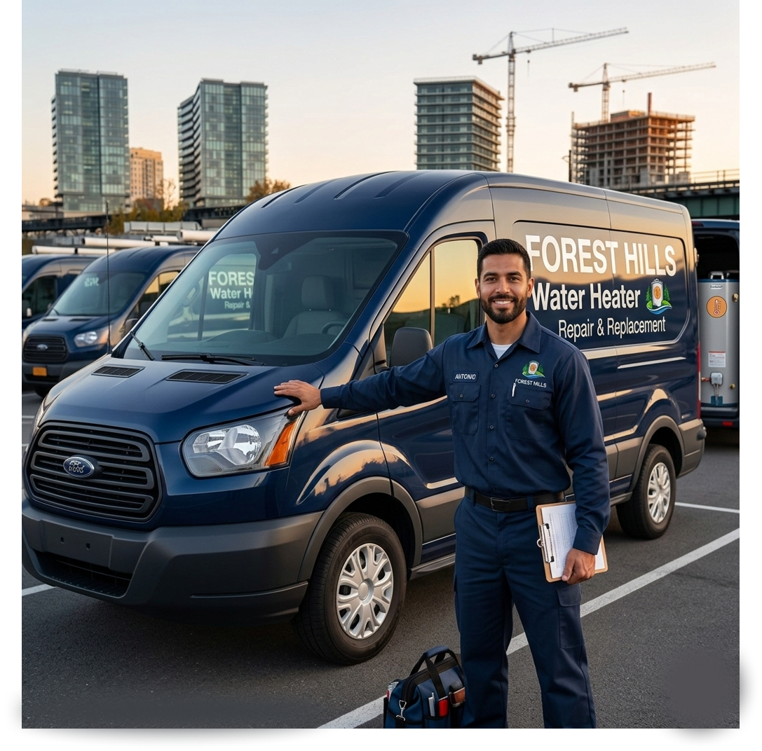 A licensed plumber standing in front of truck of forest hills water heater repair & replacement